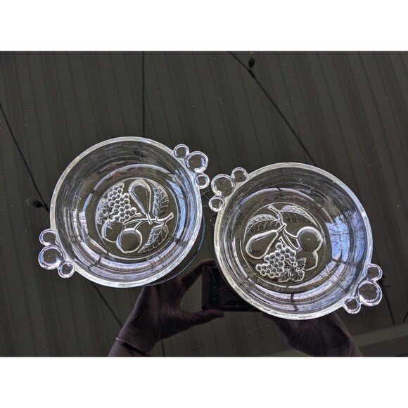 Vintage Clear Pressed Glass Berry/ Dessert Bowl Set Of Two Bottom Bubble Handles - Picture 4 of 13